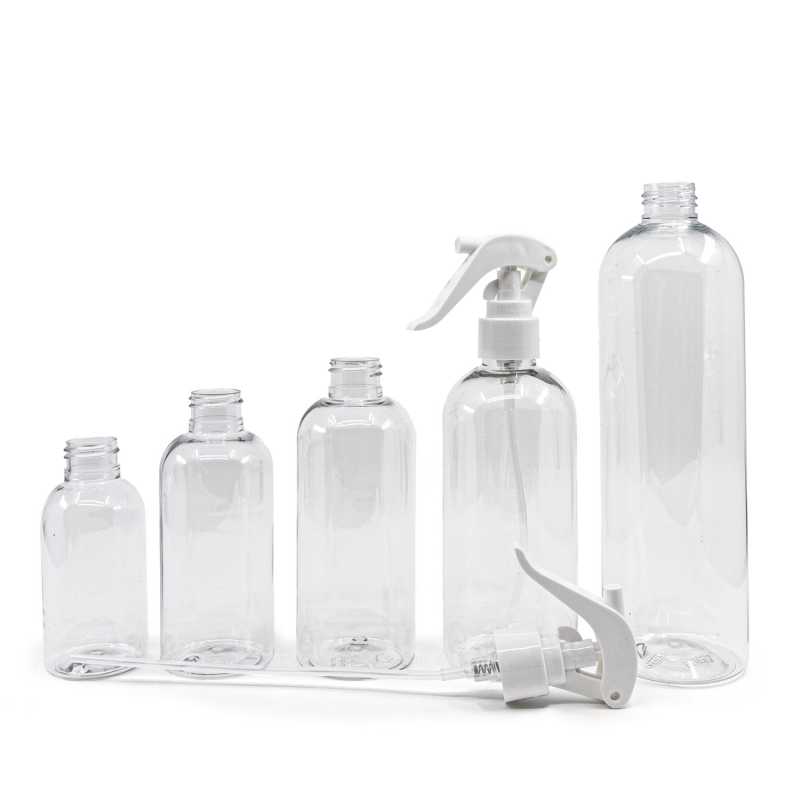 Bottiglia di plastica trasparente, spruzzatore a grilletto bianco, 200 ml