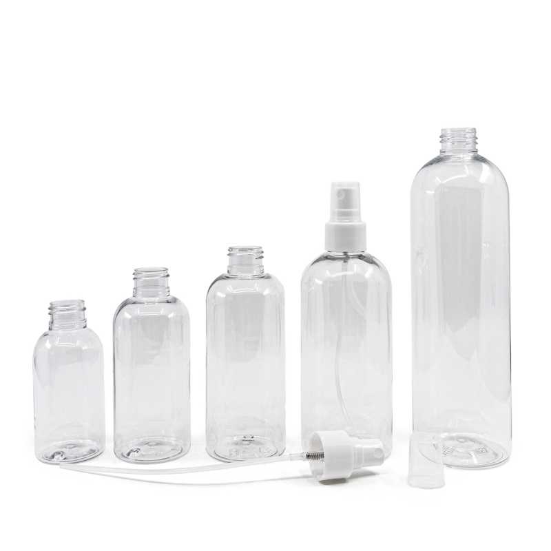 Bottiglia di plastica trasparente, spruzzatore bianco, 300 ml