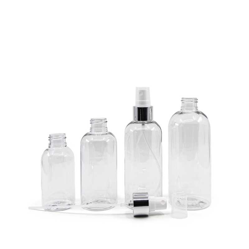 Bottiglia di plastica trasparente, spruzzatore bianco, anello argento lucido, 300 ml