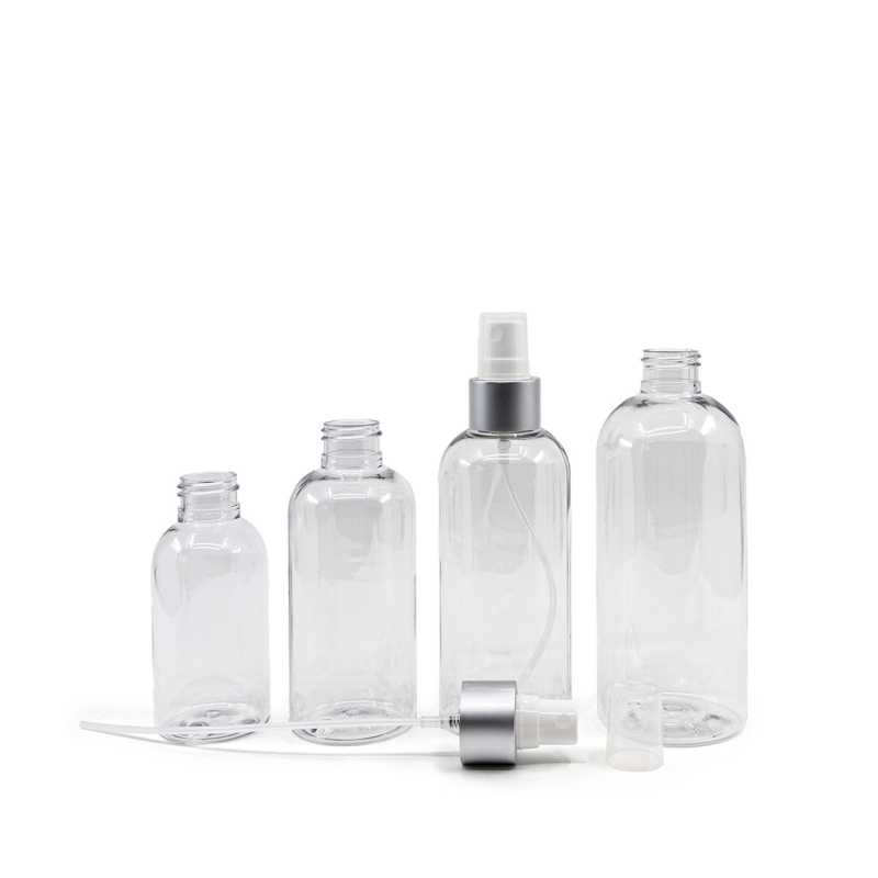 Bottiglia di plastica trasparente, spruzzatore bianco, anello argento opaco, 200 ml
