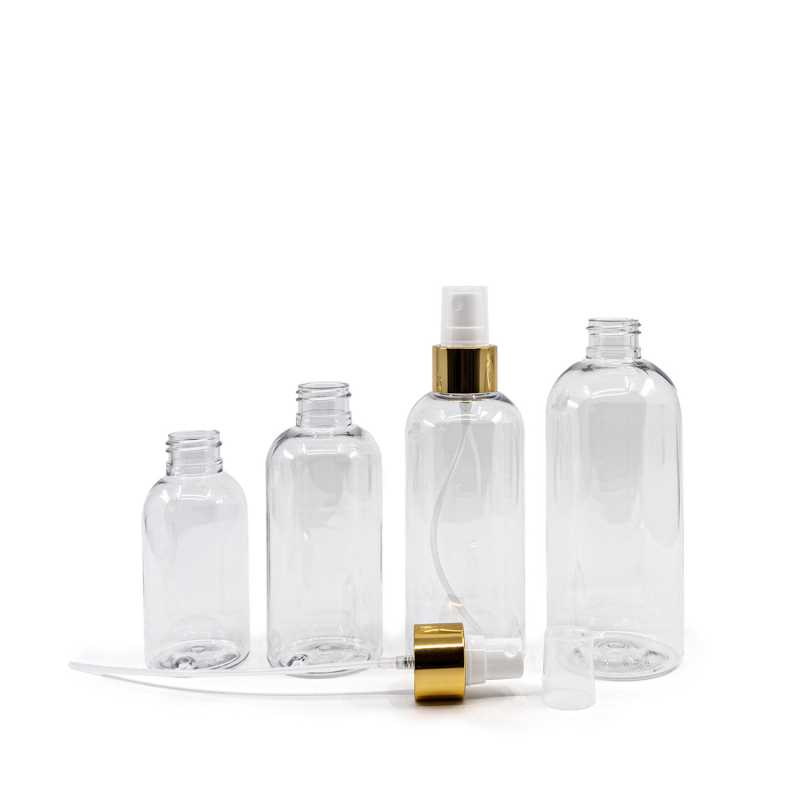 Bottiglia di plastica trasparente, spruzzatore bianco, anello dorato lucido, 150 ml