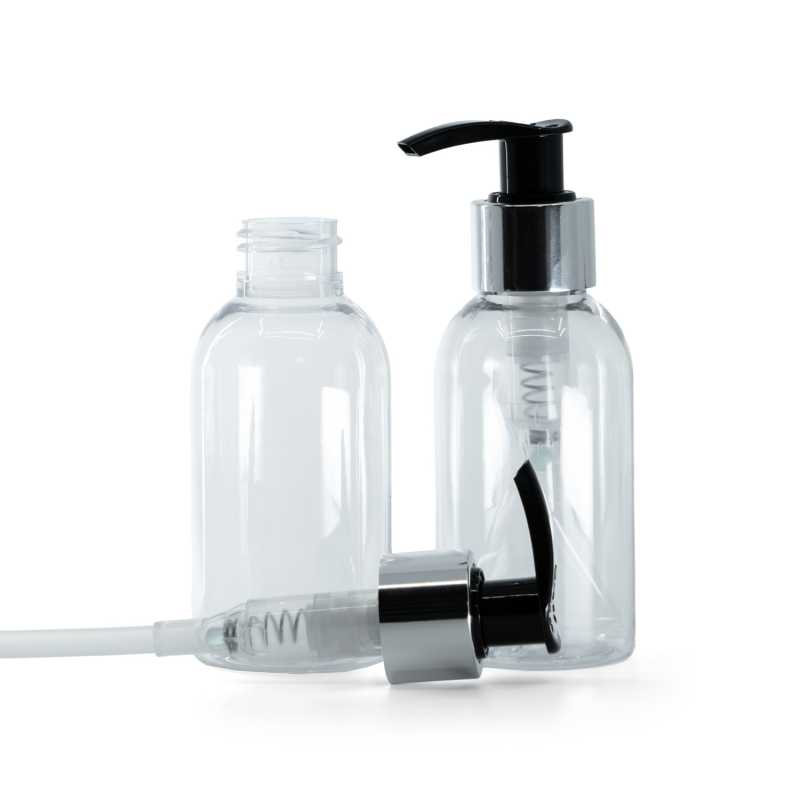 Bottiglia di plastica trasparente, rotonda, dosatore nero e argento, 100 ml
