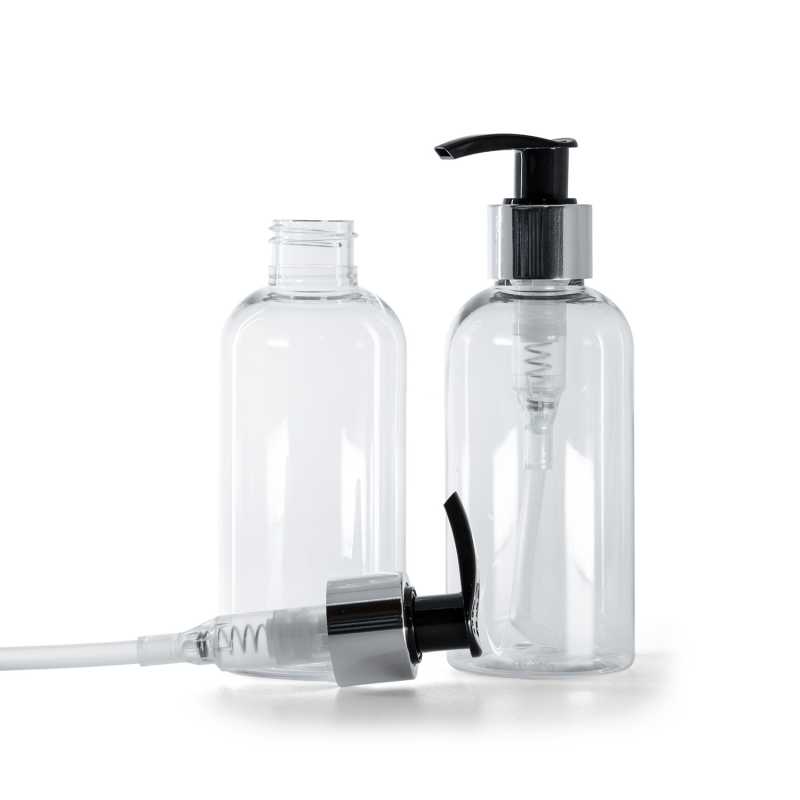 Bottiglia di plastica trasparente, rotonda, dosatore nero e argento, 150 ml