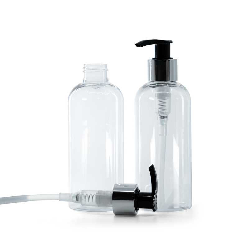 Bottiglia di plastica trasparente, dosatore nero-argentato, 200 ml
