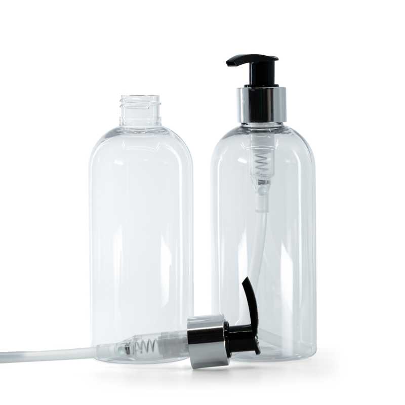 Bottiglia di plastica trasparente, dosatore, nero e argentato, 300 ml