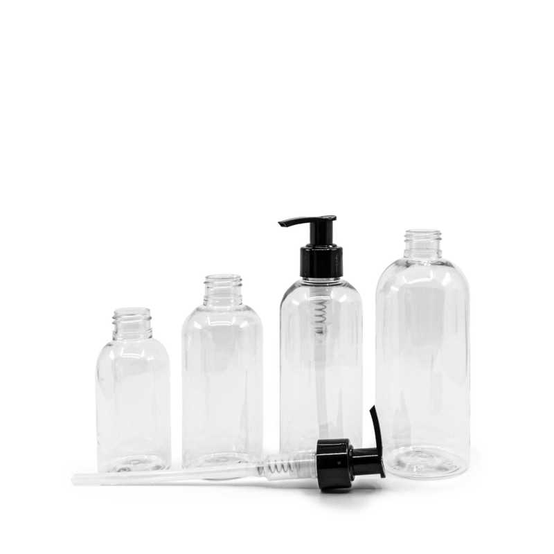 Bottiglia di plastica trasparente, dosatore nero, 200 ml
