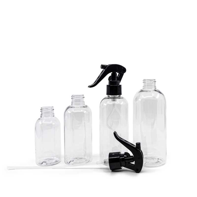 Flacone di plastica trasparente, rotondo, spruzzatore a grilletto nero, 100 ml