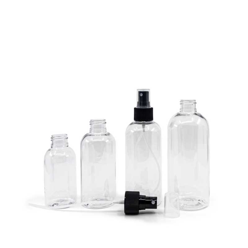 Bottiglia di plastica trasparente, rotonda, spruzzatore nero, 150 ml
