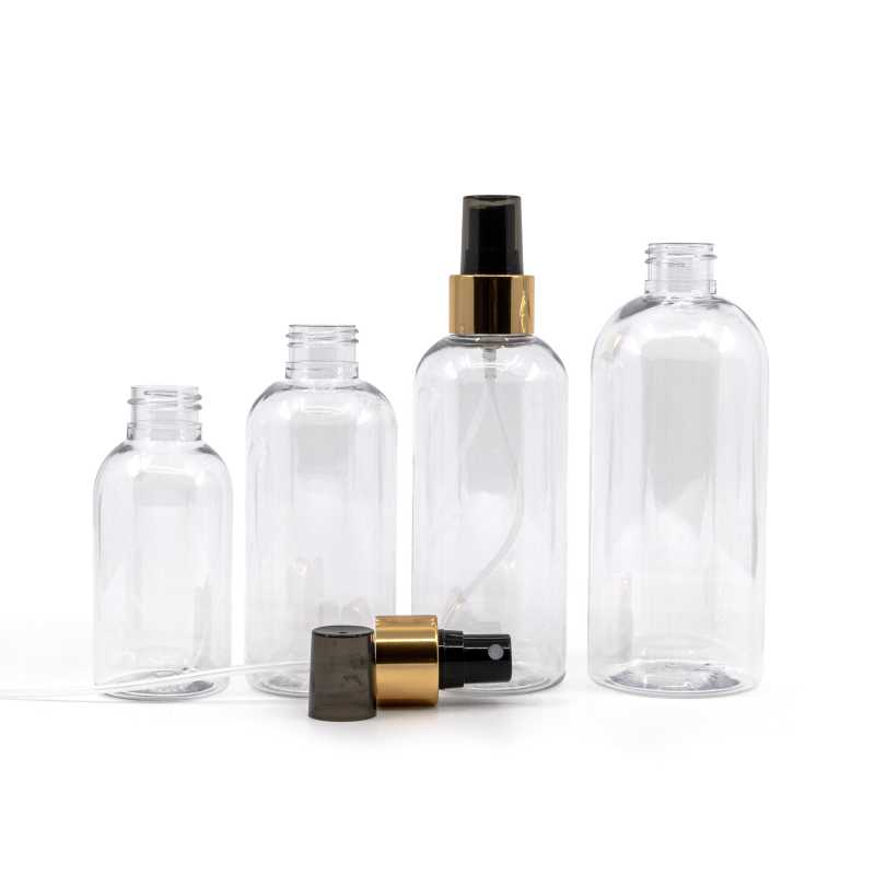 Bottiglia di plastica trasparente, spruzzatore nero, collare oro lucido, 300 ml