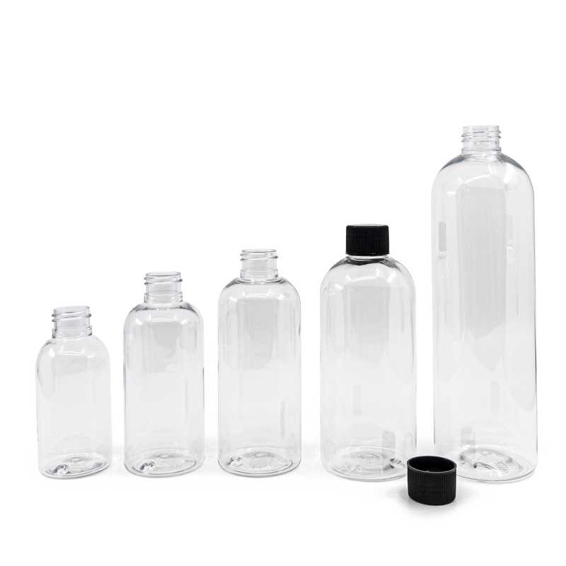 Bottiglia di plastica trasparente, 200 ml, tappo a vite zigrinato nero
