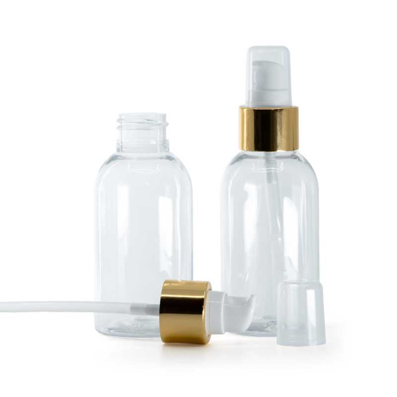 Bottiglia di plastica trasparente, rotonda, pompa lozione bianca con sopra-tappo, oro lucido, 100 ml