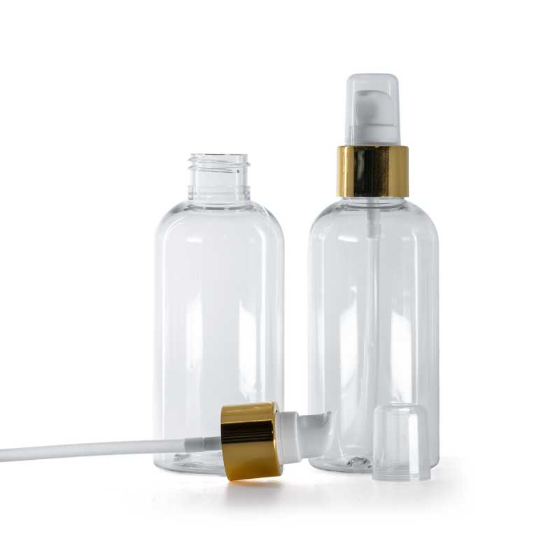 Bottiglia di plastica trasparente rotonda, dosatore bianco e oro con sopra-tappo, 150 ml
