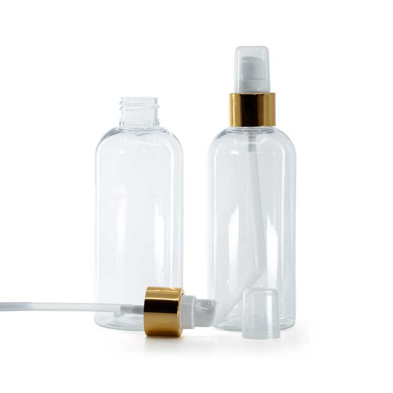 Bottiglia di plastica trasparente, rotonda, dosatore bianco con sopra-tappo, oro lucido, 200 ml