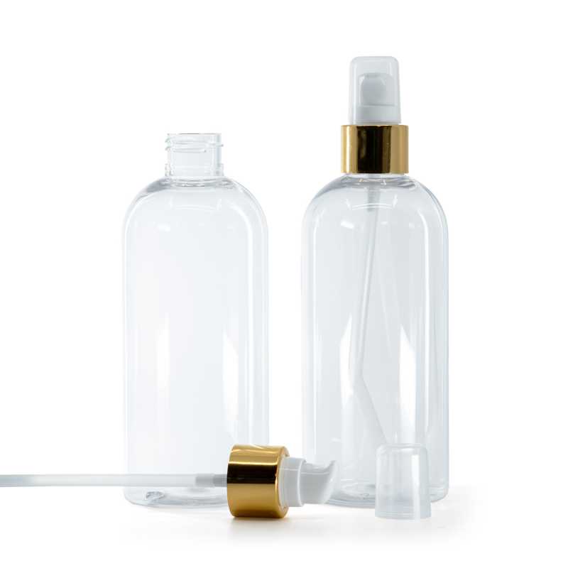 Bottiglia di plastica trasparente, rotonda, dosatore bianco con sopra-tappo, oro lucido, 300 ml