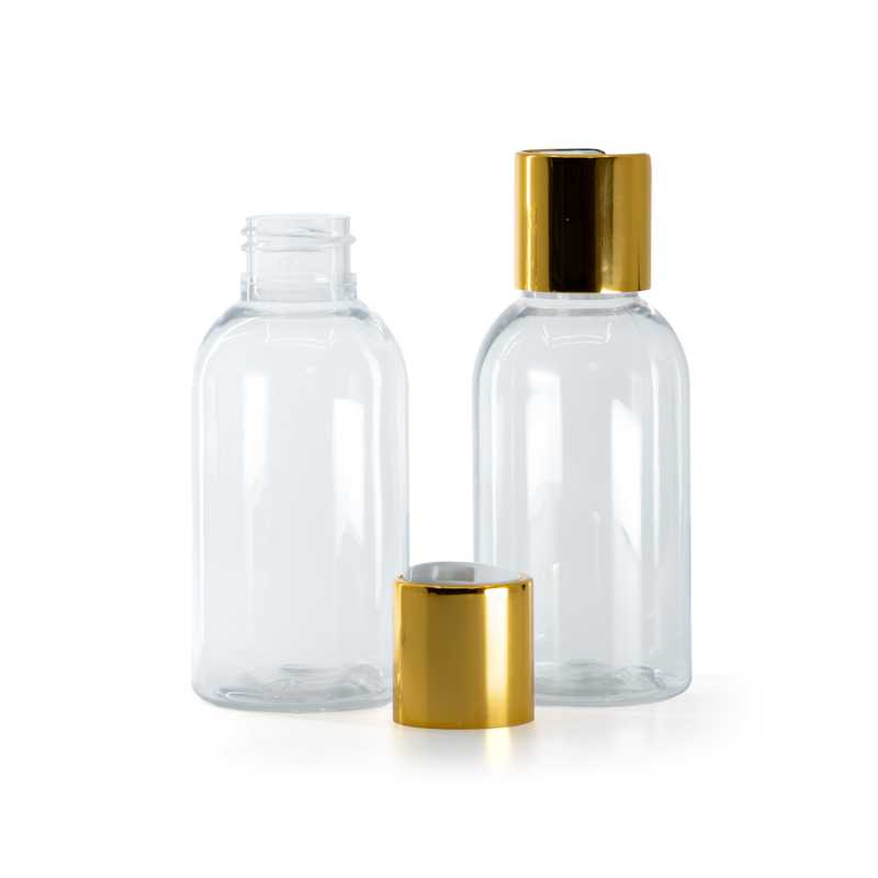 Bottiglia di plastica trasparente rotonda, tappo disc-top dorato con inserto bianco, 100 ml