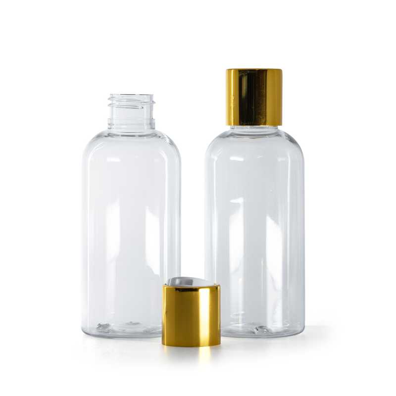 Bottiglia rotonda in plastica trasparente, tappo disc-top bianco con ghiera in alluminio dorato, 150 ml
