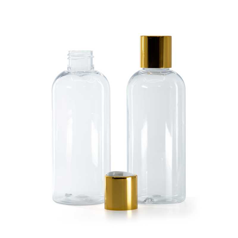 Bottiglia rotonda in plastica trasparente, tappo disc-top dorato con parte centrale bianca, 200 ml