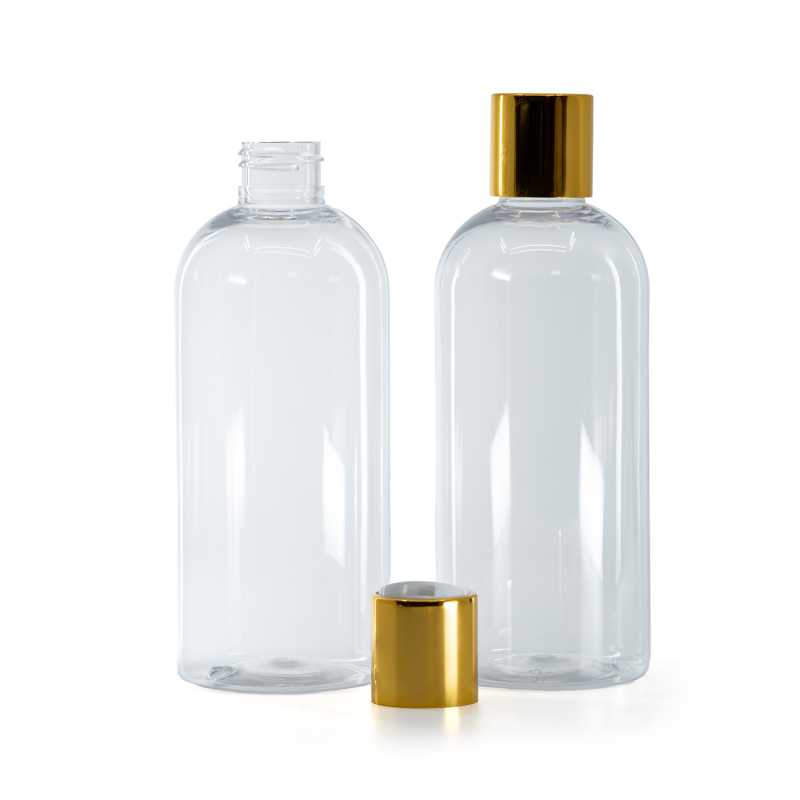 Bottiglia di plastica trasparente, tappo disc-top, dorato, parte centrale bianca, 300 ml