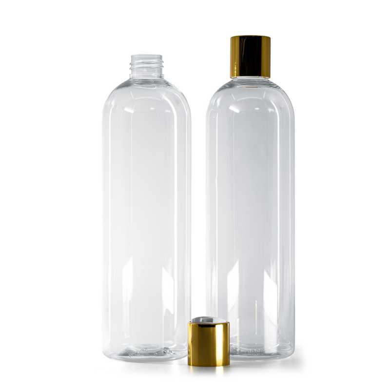 Bottiglia di plastica trasparente, tappo disc-top bianco, collare dorato, 500 ml