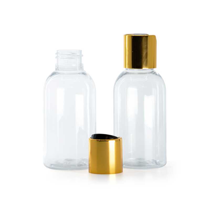 Bottiglia di plastica trasparente, tappo disc-top, dorato con centro nero, 100 ml