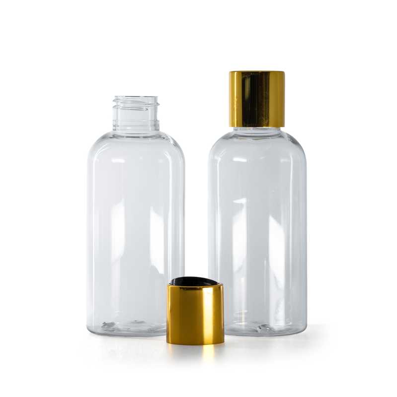Bottiglia in plastica trasparente, 150 ml, tappo disc-top dorato con parte centrale nera