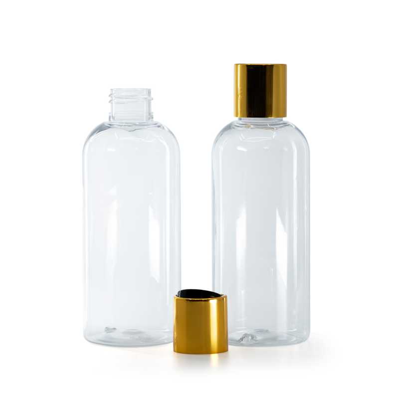 Bottiglia in plastica trasparente, 200 ml, tappo disc-top dorato con parte centrale nera