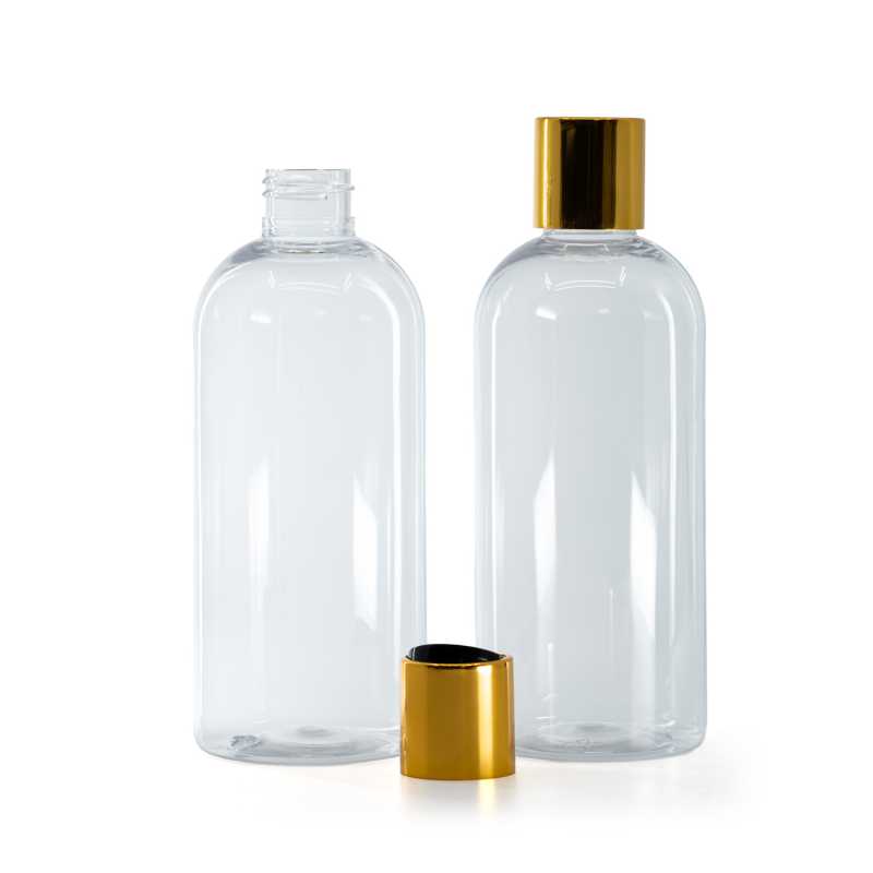 Bottiglia rotonda in plastica trasparente, tappo a vite disc-top in plastica nera con anello in alluminio dorato, 300 ml