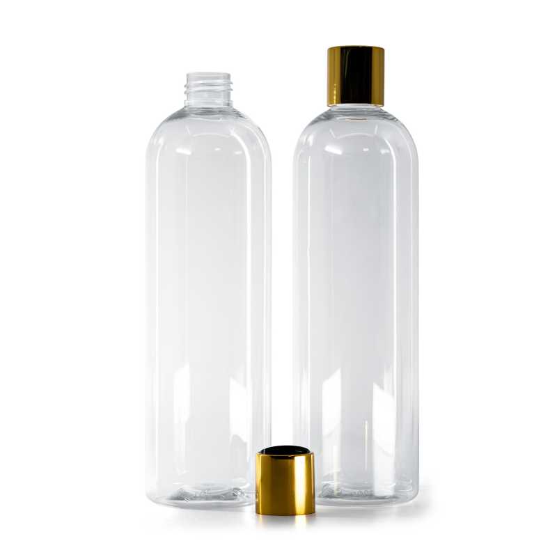 Bottiglia di plastica trasparente, tonda, tappo disc-top, dorato con centro nero, 500 ml