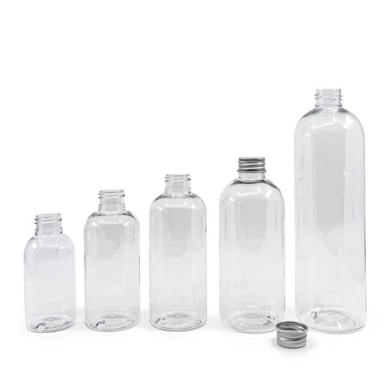Bottiglia di plastica trasparente, tappo in alluminio, 150 ml