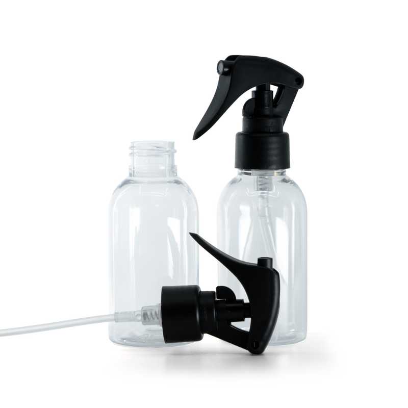 Bottiglia di plastica trasparente, rotonda, spruzzatore a grilletto nero opaco, anello liscio, 100 ml