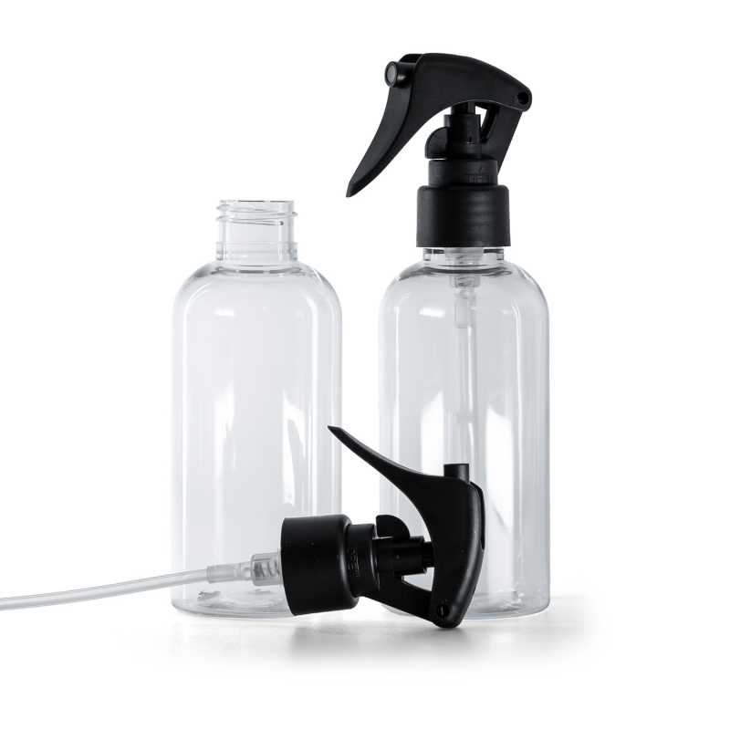 Bottiglia di plastica trasparente, spruzzatore a grilletto nero opaco, anello liscio, 150 ml