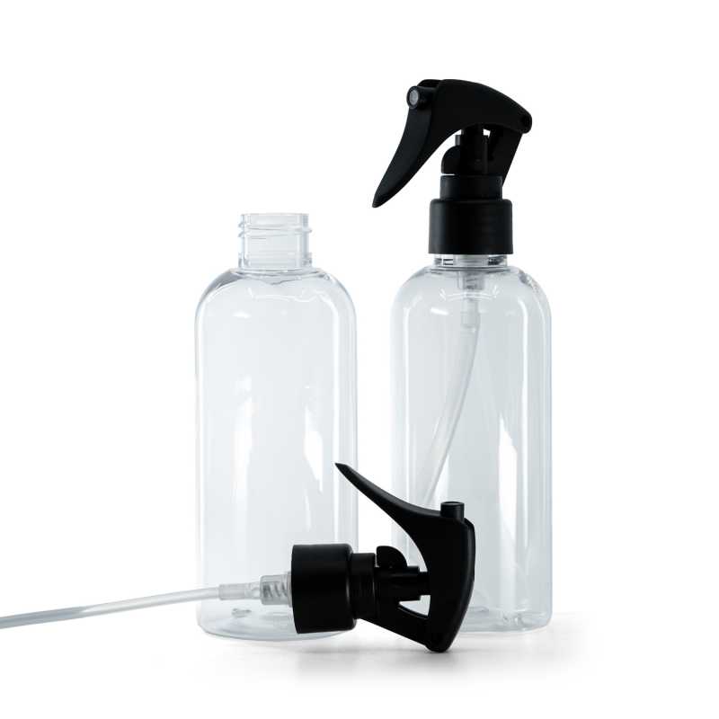 Bottiglia di plastica trasparente, spruzzatore a grilletto nero opaco, anello liscio, 200 ml
