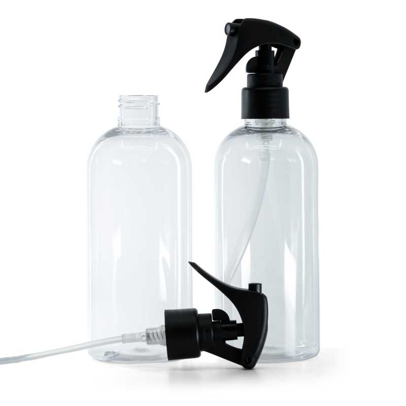 Bottiglia di plastica trasparente, spruzzatore a grilletto nero opaco, anello liscio, 300 ml