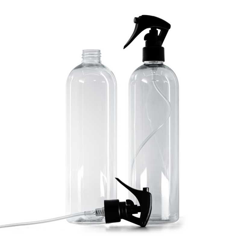 Bottiglia in plastica, trasparente, rotonda, spruzzatore a grilletto, nero opaco, anello liscio, 500 ml