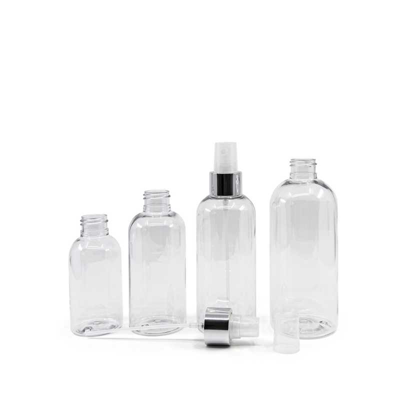 Bottiglia di plastica rotonda trasparente, spruzzatore trasparente, anello argento lucido, 300 ml