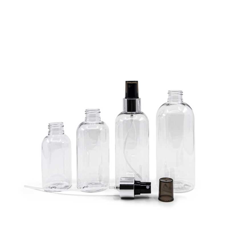 Bottiglia rotonda in plastica trasparente, spruzzatore nero, anello argento lucido, 300 ml