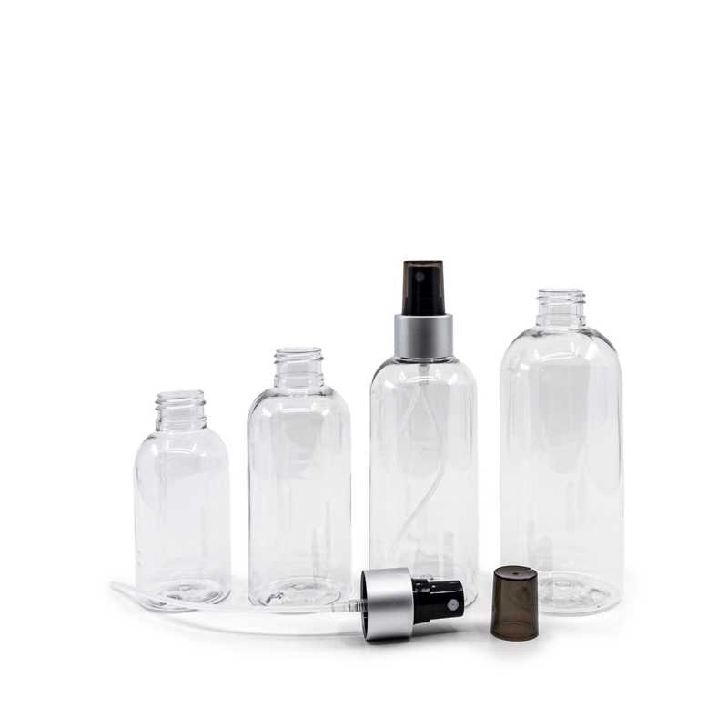 Bottiglia di plastica trasparente, spruzzatore nero, anello argento opaco, 150 ml
