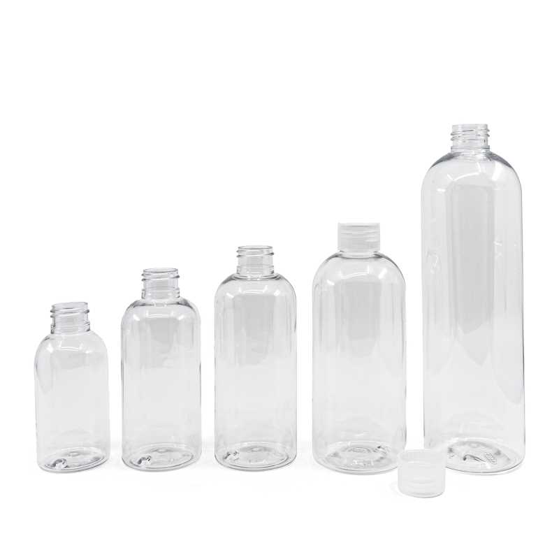 Bottiglia di plastica trasparente, rotonda, tappo trasparente, 200 ml