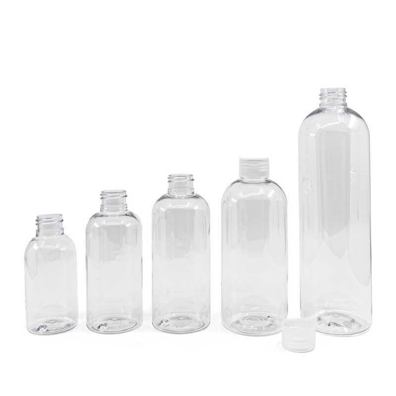 Bottiglia di plastica trasparente, rotonda, tappo trasparente, 150 ml