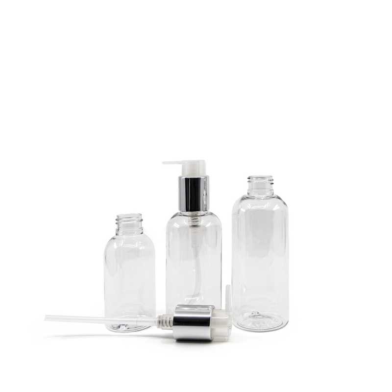Bottiglia di plastica trasparente, dosatore argentato, 200 ml