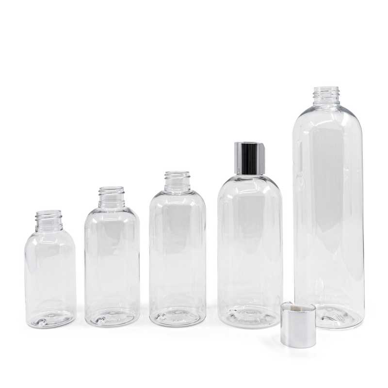 Flacone di plastica trasparente, tappo disc-top argentato, 100 ml