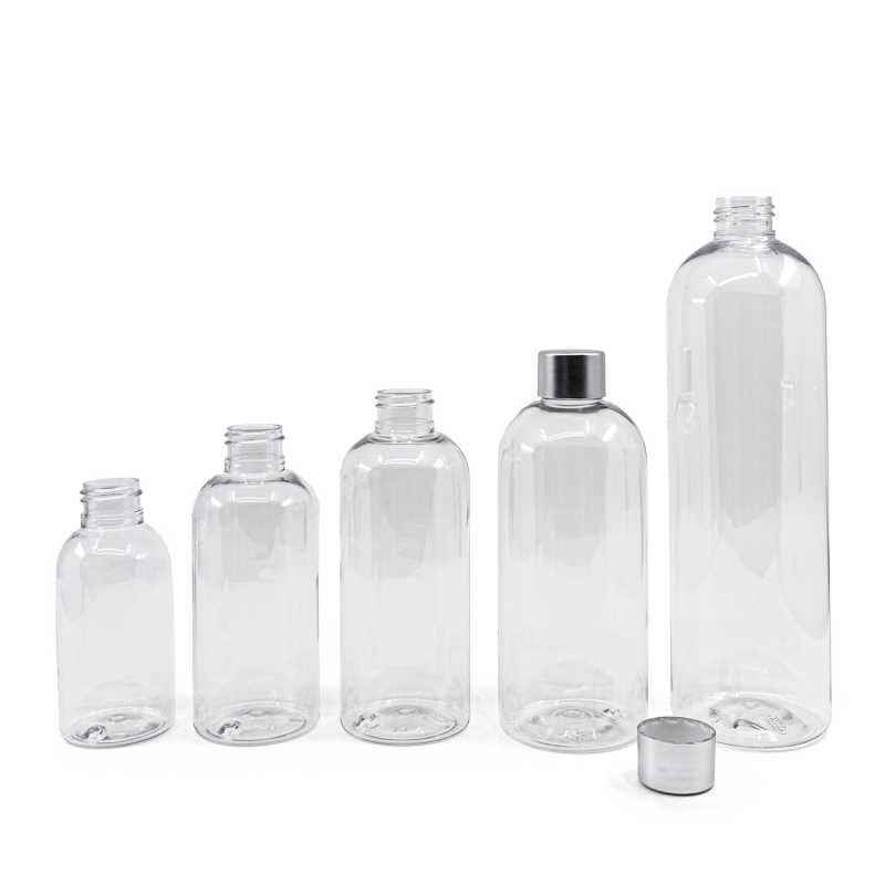 Bottiglia di plastica rotonda trasparente, tappo argentato, 150 ml
