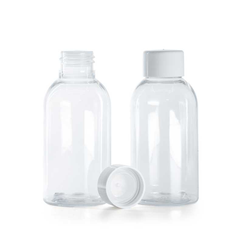 Bottiglia rotonda in plastica trasparente, tappo bianco liscio con riduttore, 100 ml