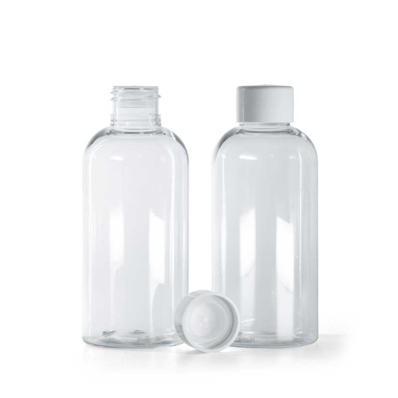 Bottiglia di plastica rotonda, trasparente, 150 ml, tappo bianco liscio con riduttore