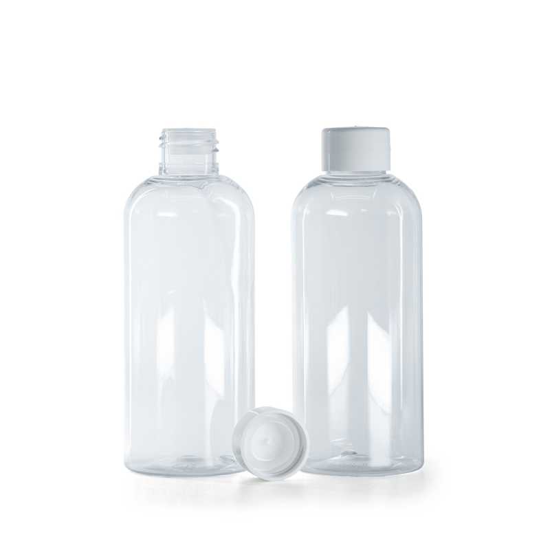 Bottiglia di plastica trasparente, 200 ml, tappo bianco liscio con riduttore