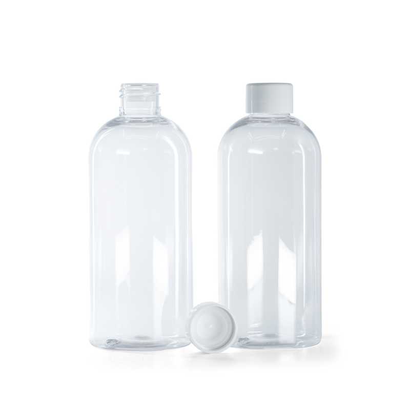 Bottiglia di plastica trasparente, 300 ml, tappo bianco liscio con riduttore