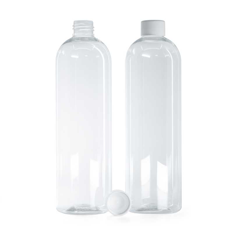 Bottiglia in plastica rotonda trasparente, tappo liscio bianco con riduttore, 500 ml