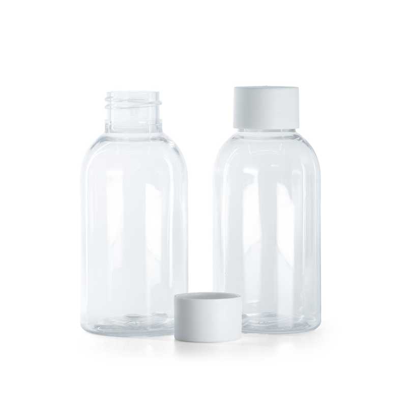Bottiglia di plastica trasparente, tappo bianco opaco, 100 ml