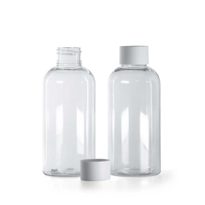 Bottiglia di plastica trasparente, tappo bianco opaco, 150 ml