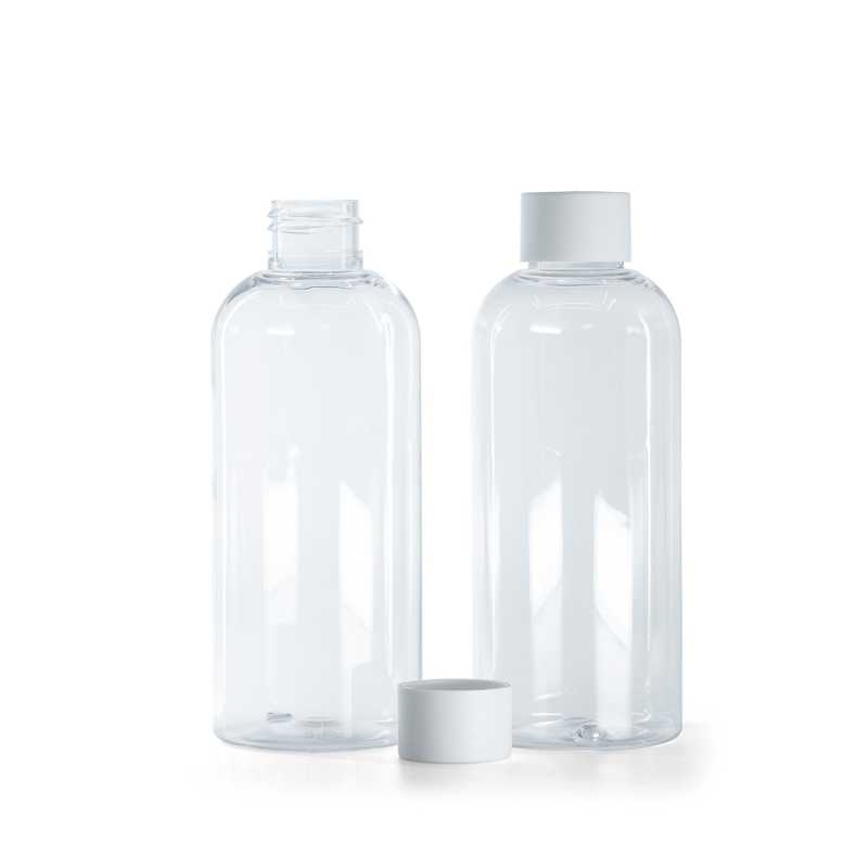 Bottiglia di plastica trasparente, tappo bianco opaco, 200 ml